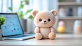 Cute teddy bear on desk, laptop, home office, soft focus Royalty Free Stock Photo