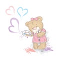 Cute Teddy bear in dress. Bear with palette and brush.