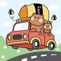 Cute teddy bear drive car with big honey jar cartoon on road background.Wild