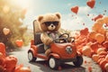 a cute Teddy bear driving a car.