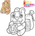 Cute teddy bear eats honey, coloring book, funny illustration