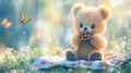 A cute teddy bear enjoying berries on a picnic blanket in a serene, sunny setting Royalty Free Stock Photo