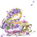 Cute teddy bear and flower violet background. Watercolor teddy bear. Royalty Free Stock Photo