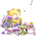 Cute teddy bear and flower violet background. Watercolor teddy bear. Royalty Free Stock Photo