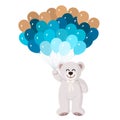 Cute teddy bear flying on air blue and gold balloons