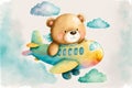 Cute teddy bear is flying on a plane children's poster in watercolor