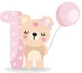 Cute teddy bear girl with balloon to celebrate happy 1st year or 1st month