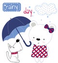 Cute Teddy bear girl with umbrella and puppy. Children`s printing for children, poster, children`s clothing, postcard. Vector illu Royalty Free Stock Photo