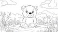 Cute Teddy Bear Sitting in a Field of Flowers, Outline Drawing Royalty Free Stock Photo