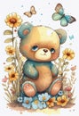 A Cute Teddy Bear Greeting You With Flowers and Butterflies