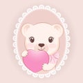 Cute Teddy Bear and heart in oval lace frame, valentine`s day concept