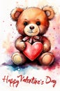 Cute teddy bear with a heart painted in watercolor