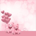 Cute teddy bear holding pink heart balloons - vector and illustration Royalty Free Stock Photo