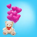 Cute teddy bear holding pink heart balloons - vector and illustration. Royalty Free Stock Photo