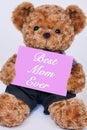 Teddy bear holding pink sign saying Best Mom Ever