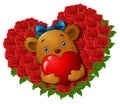 Cute teddy bear holding red heart in roses flower shape heart