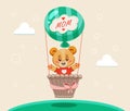 Cartoon cute teddy bear flying in green hot air balloon with word mom on it and basket with ribbon Royalty Free Stock Photo