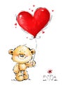 Cute Teddy Bear in love with big red heart balloon. Love bear Royalty Free Stock Photo