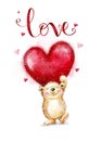 Cute Teddy Bear in love with big red heart. Valentines day postcard. Royalty Free Stock Photo