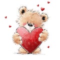 Cute Teddy Bear in love with big red heart. Valentines or Mothers day postcard. Royalty Free Stock Photo