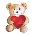 Cute Teddy Bear in love with big red heart. Royalty Free Stock Photo