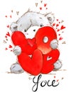 Cute teddy bear. Love you card. Valentines day watercolor background. Royalty Free Stock Photo