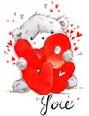 Cute teddy bear. Love you card. Valentines day watercolor background.