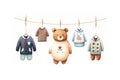 Cute teddy bear and other clothes hanging on clothesline