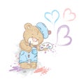 Cute Teddy bear in a overall and beret. Bear with palette and brush.