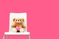 Cute Teddy Bear with pink heart-shape write love sit on a chair in a pink room.
