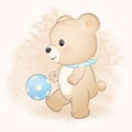 Cute teddy bear playing football hand drawn illustration