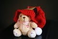 Cute teddy bear with red christmas hat isolated on dark black background. Royalty Free Stock Photo