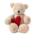 Cute teddy bear with red heart on white. Valentine`s day celebration Royalty Free Stock Photo