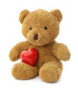 Cute teddy bear with red heart on white. Valentine`s day celebration Royalty Free Stock Photo