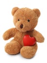 Cute teddy bear with red heart isolated on white. Valentine`s day celebration Royalty Free Stock Photo