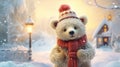 Cute teddy bear in red scarf and hat on the background of a winter village. Horizontal Christmas card. Generative AI