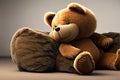 A cute teddy bear relaxing on a plush, fleecy cushion. Generative AI