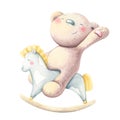 Cute Teddy Bear riding rocking horse hand drawn illustration. Royalty Free Stock Photo