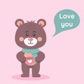 Cute teddy bear in a scarf holding a mug with a heart. Love you lettering in speech bubble Royalty Free Stock Photo