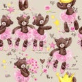 Cute teddy bear seamless pattern. watercolor illustration cartoon ballerina. Royalty Free Stock Photo