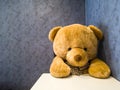 Cute teddy bear sit on the chair in front of dining table. Make it seem like waiting for favorite dish