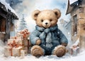 Cute teddy bear sits on the snow near the house with gifts.