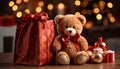 Cute teddy bear sits under bright Christmas lights, bringing joy generated by AI