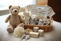 A cute teddy bear sitting on a cozy bed with a soft and welcoming appearance, Gift basket with gender neutral baby garment and