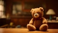 Cute teddy bear sitting on table, bringing joy to childhood generated by AI