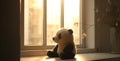 Cute teddy bear sitting on window sill, bringing joy indoors generated by AI