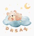 Cute teddy bear sleeping on night cloud with dream stars, watercolor nursery animal han drawn illustration vector