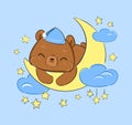 Cute Teddy bear sleeps on the moon vector illustration. Print for pajamas