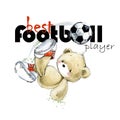 Cute teddy bear Soccer player hand drawn watercolor illustration. Best football player.