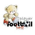 Cute teddy bear Soccer player hand drawn watercolor illustration. Best football player.